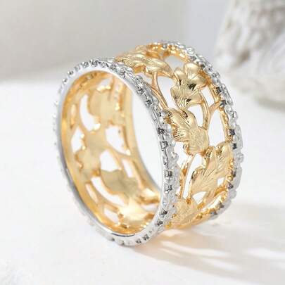Nhẫn hình lá rỗng cổ điển và thanh lịch, nhẫn bản rộng hai tông màu dành cho nữ, một phụ kiện tinh tế phù hợp cho cả ngày thường và kỳ nghỉ, cũng là một lựa chọn quà tặng tuyệt vời cho các dịp lễ.