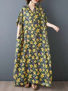 AZAH Halloween Elegant Ball 女款夏季黃色碎花休閒長洋裝，寬鬆波希米亞風沙灘洋裝，大尺碼女款 V 領蝙蝠袖 A 字裙，附口袋與流蘇雪紡 - 黃色 - 查看 7