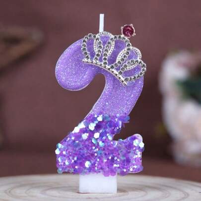 1pc 0-9 Number Candles With Purple Double-Color Big Crown Decor, Handmade Glitter Candles For Birthday Party, Anniversary Cake Decoration