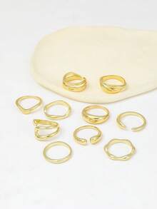 10pcs/Set Minimalist Asymmetrical Geode Style Rings, Metallic Smooth Finish Ring Set For Women - Gold - View 2