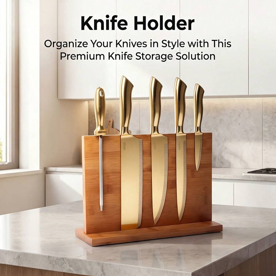 Bamboo Magnetic Knife Holder, Kitchen Organizer With Anti-Slip Base, Space-Saving Knife Storage,Easy-Clean Kitchen Knife Stand For Tidy Countertop - Brown - View 1