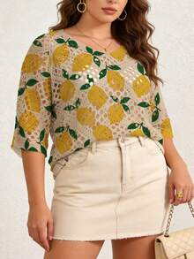ASHKATIA Cubrecuerpo de punto para mujer talla grande, cubrecuerpo de playa de verano, estampado retro de limón, estilo bohemio, cuello en V manga 3/4 para vacaciones de primavera - Multicolor - Ver 3