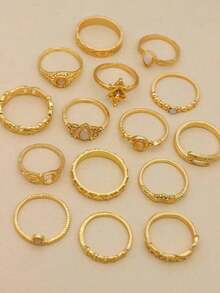 15pcs Gemstone & Rhinestone Decor Ring , A Combination Of Light Luxury And Sparkling Rhinestone Rings In Multiple Styles. Retro And Delicate Gemstone Stackable Rings, Perfect For Daily Wear, Commutes, Dates, Parties, And As Birthday Gifts For Girlfriends, Best Friends, Classmates, And Colleagues. Featuring Unique Design, High-End Vibe, And Personalized Style, These Pinky Finger And Tail Rings Are A Must-Have Accessory. - Gold - View 5