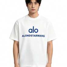 Alo Yoga Double Logo White T-Shirt, Loose Short-Sleeved American Retro Style Top With Front And Back Print, Unisex. - 查看 3