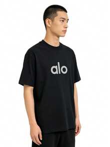 Alo Yoga Black T-Shirt With Large Front Logo, Loose Fit, Short Sleeve, Casual Sporty Style, Unisex Top - 查看 5