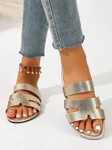 Ximi Ruo Korean Style Casual Flat Slippers, Women's Shoes, Open Toe Sandals For Spring, Summer, Suitable For Dresses, Beach, Apartment, Brown Color - Light Gold - View 3