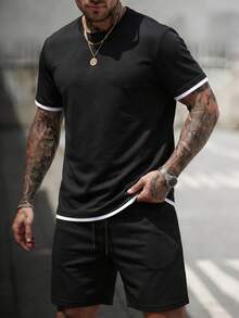 Ensemble 2 pièces FRACTYR pour hommes, t-shirt col rond avec bordure contrastée noir et blanc + short à cordon, tenue d'été sport-décontracté, respirante et confortable - Noir - Voir 2