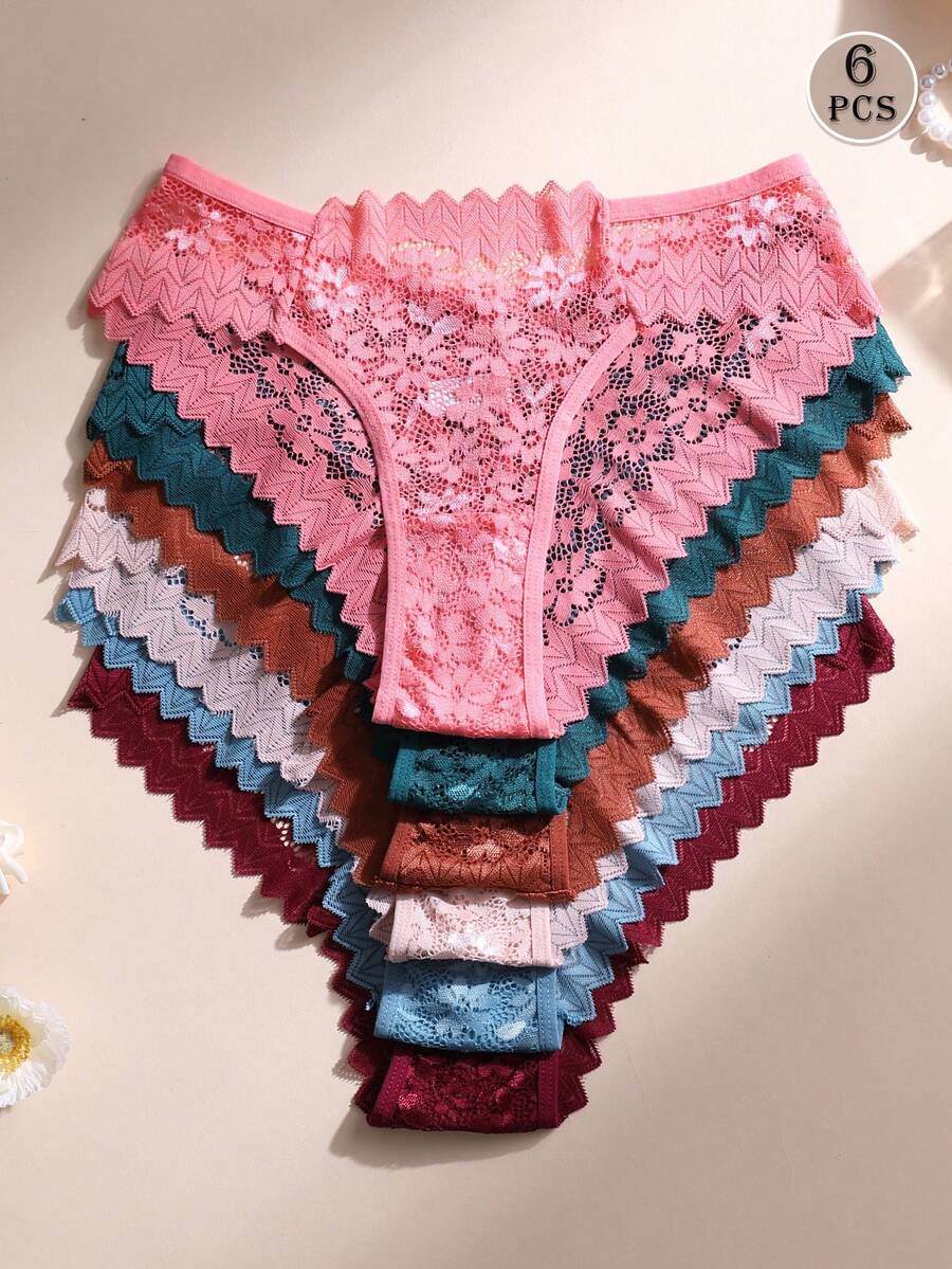6 piezas de bragas sexys de encaje con patchwork de cintura baja sin costuras - Ropa interior sin costuras transpirable y cómoda para uso diario y deportes de yoga para mujeres