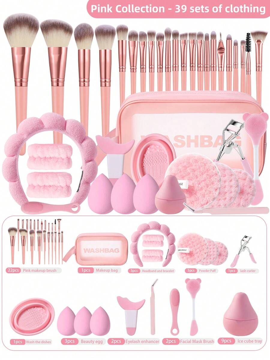 4/5/17/39 piezas Juego de herramientas de maquillaje profesional con bolsa cosmética impermeable, brochas de maquillaje, esponjas, rizador de pestañas, pinzas, compresa de hielo para el rostro y limpiador de brochas - Rosa - Ver 1
