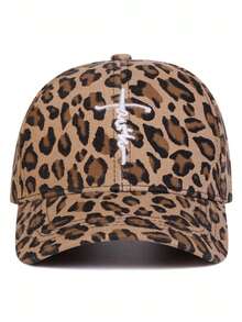 1件装男女通用字母十字绣豹纹棒球帽户外可调节防晒休闲帽春秋季旅游海滩度假 - 彩色 - 查看 3