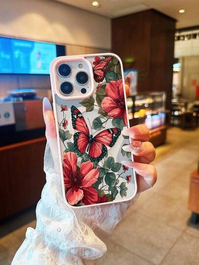 1个新款热销粉色亚克力磁吸蝴蝶花朵图案软壳，兼容 17 Pro Max/17 Pro/17/16 Pro Max/16 Pro/16/15 Pro Max/15 Pro/15 Plus/15/14 Pro Max/14 Pro/14 Plus/14/13 Pro Max/13 Pro/13/12 Pro/12/11/11 Pro Max/11 Pro XS XR X 7 8，Galaxy S25/A14/A15/A35/A55/S22/S23/S24 FE/S25/S24 Ultra，可作为生日礼物、节日礼物送给朋友、家人、女朋友、男朋友或自己