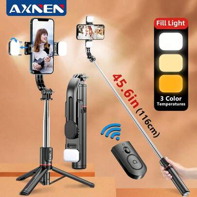 AXNEN Gậy selfie siêu dài 45 inch kèm chân đế ba chân, điều khiển từ xa không dây, giá đỡ điện thoại di động, tương thích với iPhone 15 Pro Max/15/14 Pro/14/13, S22/S23 Ultra, điện thoại thông minh Android, có đèn LED.