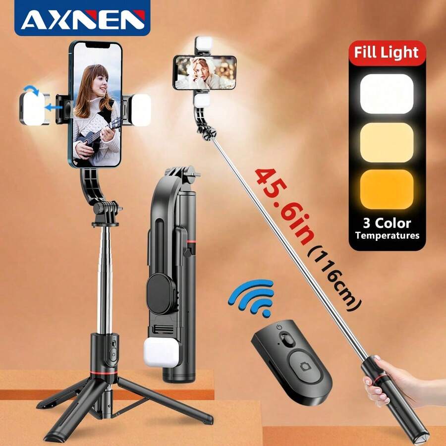 AXNEN 45英寸超长自拍杆，带三脚架、无线遥控器、便携式手机三脚架，兼容 15 Pro Max/15/14 Pro/14/13、S22/S23 Ultra、安卓智能手机，带LED灯
