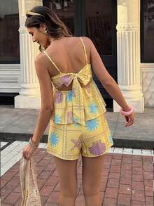 Conjunto de 2 peças com Regata de Alça Fina e Shorts com Estampa Floral Franzida, Conjunto Casual de Praia Elegante, Adequado para Dia dos Namorados, Praia, Passeios com Estampa de Poá - Luz amarela - Visão 6