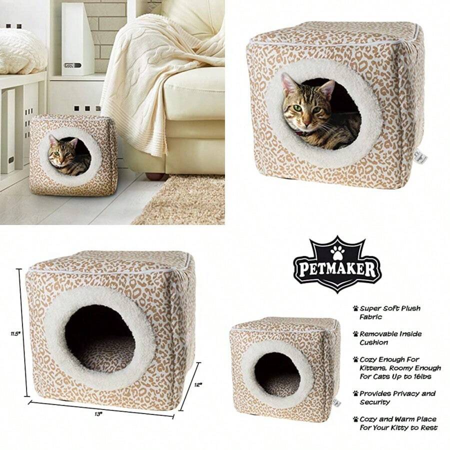 Cat Pet Bed Cave Indoor Enclosed Covered Cavern/House for Cats Kittens and Small Pets with Removable Cushion Pad - marrn tostado Tan Animal Print - Ver 1