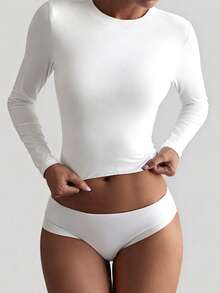 Muse Moon Women's Summer Casual Solid Color Knit Tight Crew Neck Long Sleeve Top, Suitable For Fitness, Leisure, Versatile, Minimalist Casual Daily Wear - White - View 10