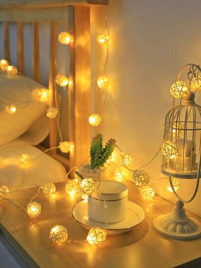 1pc 1.5m/3 Meters/4.5m Indoor Decorative Rattan Ball String Lights, 2 AA Battery Operated (Batteries Not Included), Bedroom Headboard Wall Decor Lights, Wedding Party Decor Lights, Warm White Fairy Lights Suitable For Outdoor Decor, Bedroom Aesthetics And Holiday Decoration