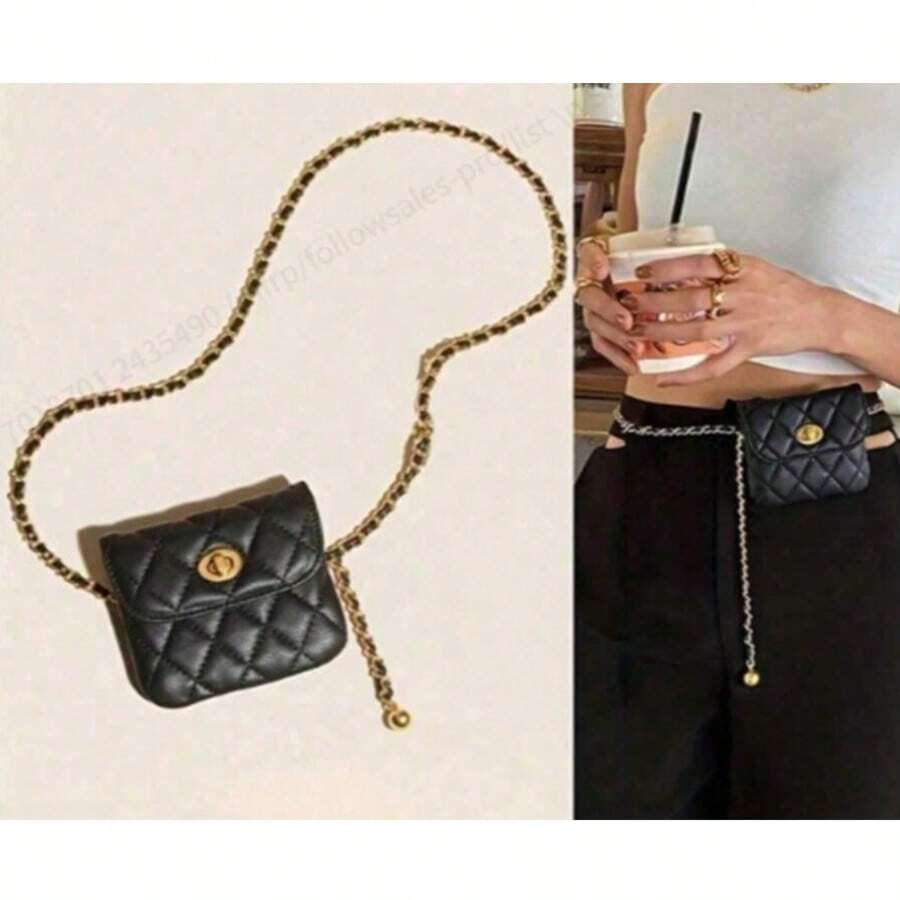 Women's Quilted Diamond Metal Chain Crossbody Bag - Elegant Niche Waist Bag, Compact Lipstick Coin Purse, Lightweight Daily Fashion Bag - 黑色 - 查看 1