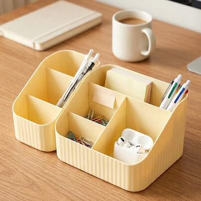 1pc Luxury Champagne Vertical Striped Desktop Display Box, Multi-Compartment, Skincare & Makeup Organizer, Suitable For Vanity, Bathroom, Living Room, Bedroom