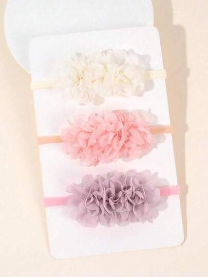 Set de 3 diademas de flores de gasa para bebé, diademas florales encantadoras para niños pequeños, recién nacidos, de unicolor, elásticas de nailon, bandas suaves y elásticas, accesorios de cabello casuales para uso diario para niños