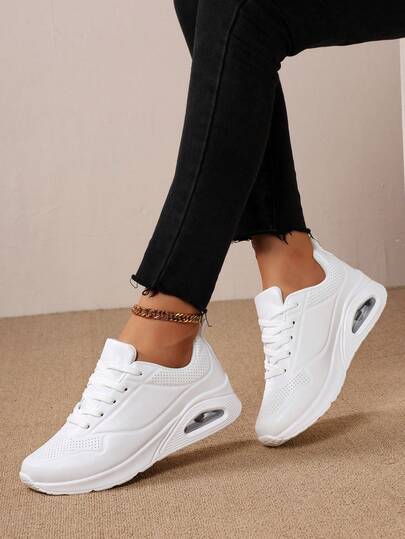 Giày thể thao nữ đế mềm, mũi tròn, buộc dây, màu trắng, thoáng khí, đệm khí, giảm sốc, nhẹ, thoải mái, đa năng, thích hợp cho hoạt động thường ngày.