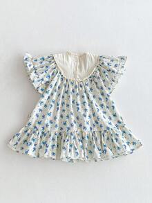 Đầm tay ngắn thêu hoa cho bé gái, mùa hè - Màu xanh lam - Xem 3