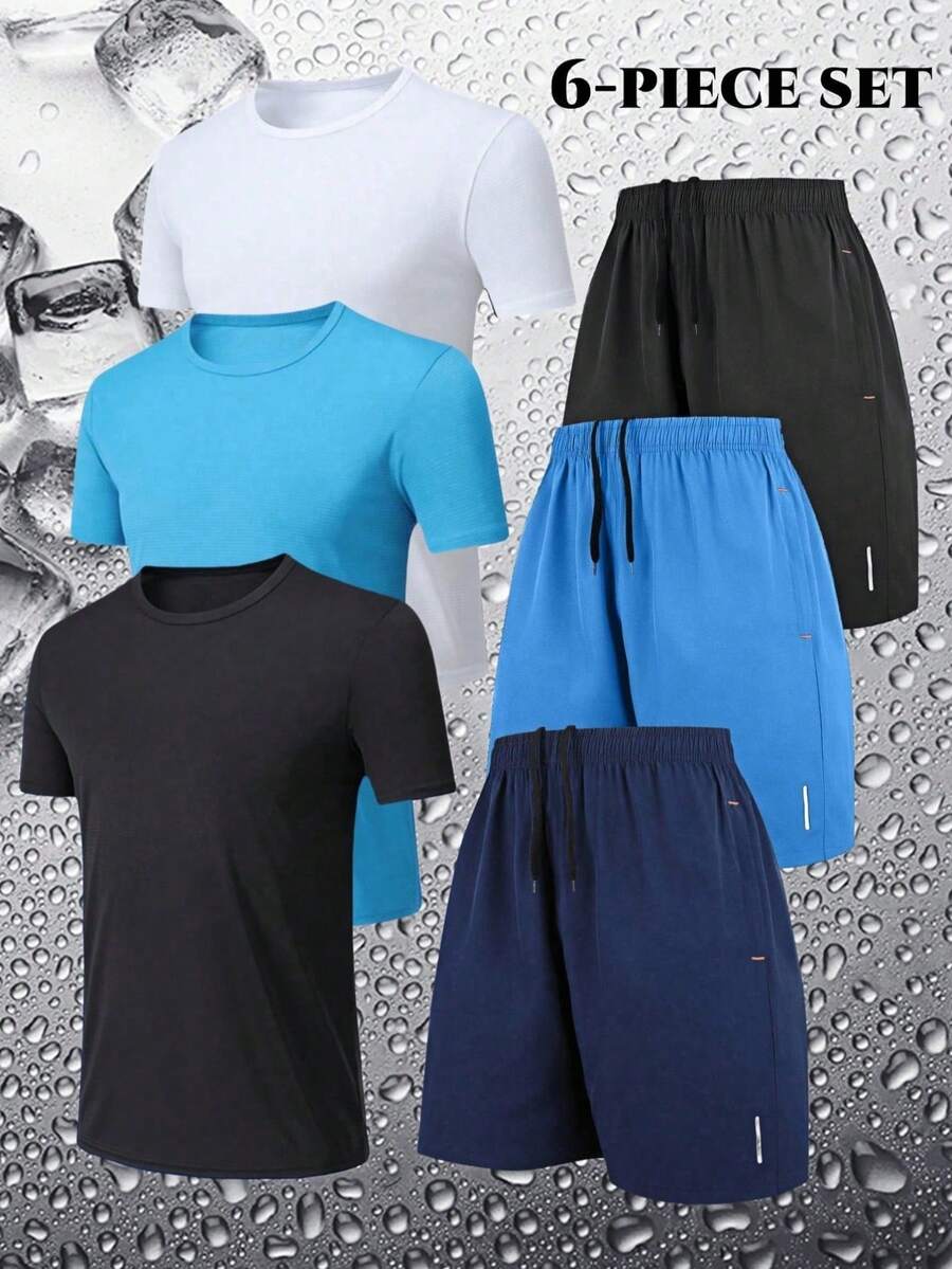 No015128712-0002 6 件套男士篮球训练跑步运动服、吸湿排汗短袖 T 恤和短裤套装、户外沙滩冲浪装、夏季 - 彩色 - 查看 1