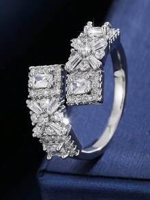 1pc Elegant Minimalist Cubic Zirconia Starburst Matrix Open Ring, Suitable For Daily Wear, Dates And Matching Outfits - Open Ring - View 2