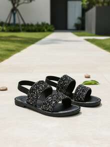 Kids Sequin Sandals, Girls' Summer Korean Style Versatile Princess Shoes, Rhinestone Beach Vacation Soft Bottom Shoes - Black - View 5
