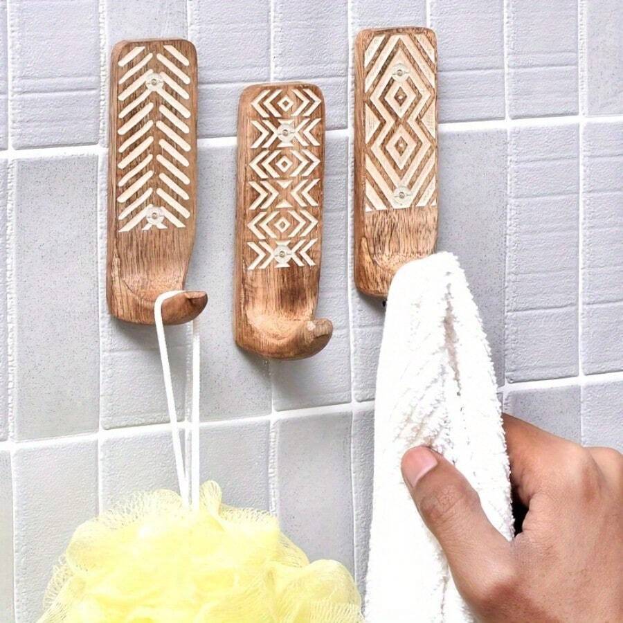 3pcs Bohemian Style Wooden Wall Hooks - Easy Installation Without Damaging Walls, Strong Adhesive, Perfect For Bathroom & Home Decor, Convenient Hanger For Clothes, Towels - Three-piece Set - View 1