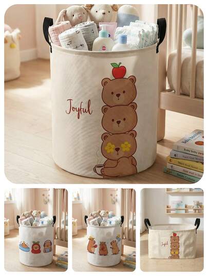 1pc Large Capacity Foldable Round Storage Basket, Cartoon Capybara Print, Durable, With Handle, Multi-Purpose Storage Bin For Nursery, Diaper, Clothes, Baby Supplies