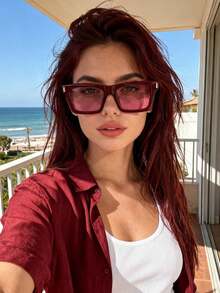 1 chiếc kính thời trang nữ hình vuông kiểu retro, kính thời trang đường phố đa năng kiểu Âu và Mỹ mới. - Khung màu đỏ rượu vang viên thuốc màu đỏ - Xem 4