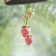 2pcs Handmade Crochet Strawberry Flower Car Rearview Mirror Pendant - Cute And Decorative Car Accessory, Suitable For Women And Teenagers - Pink - View 4