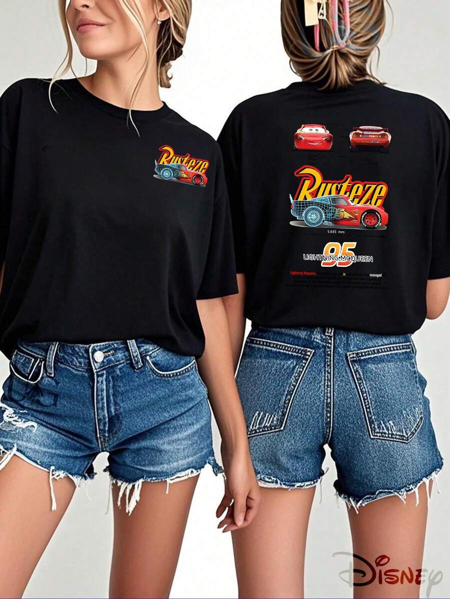 Disney Men's Casual Black T-Shirt With Lightning McQueen Print, Men's Sizes Suitable For The Whole Family - màu đen - Xem 1