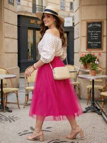 Solid Color Mesh Pleated Skirt, Elastic Waist Slimming Elegant Lady Skirt, Autumn Women Clothing Spring - Hot Pink - View 4
