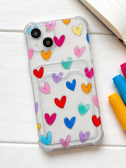 1个透明防摔气囊手机壳，带卡槽，创意彩色爱心印花，兼容苹果17 Pro Max、17 Air、17 Pro、17、16 Pro Max、16 Plus、16 Pro、16、15 Pro Max、15 Plus、15 Pro、15、14 Pro Max、14 Plus、14 Pro、14、13 Pro Max、13 Pro、13、12 Pro Max、12 Pro、11 Pro Max、11 Pro、11、XS Max、XR、X/XS、7 Plus、8 Plus以及三星Galaxy S21、S22、S23、S24、S25、S26。