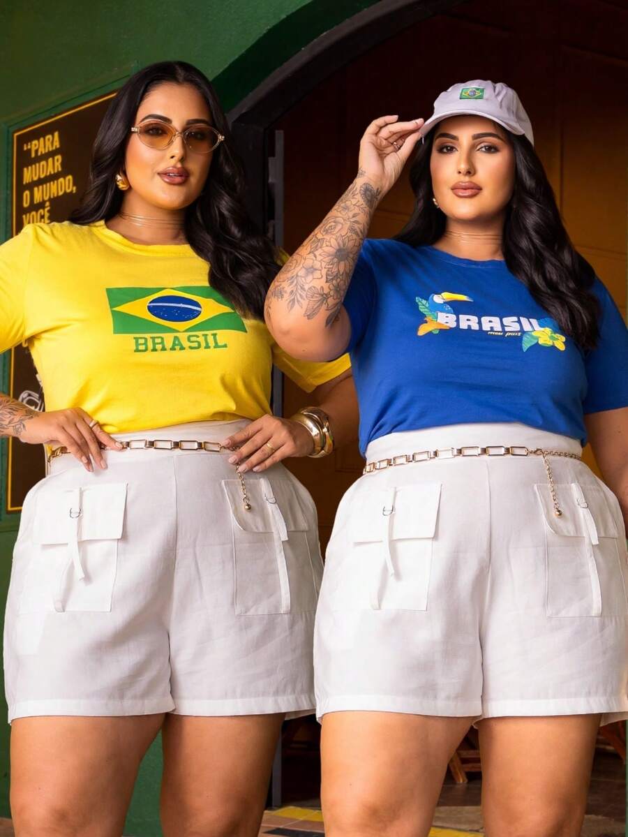 Brazil T-Shirt, Women's T-Shirt, World Cup, Green And Yellow Flag, 2026 , Sizes P To G3 Plus, 100% Cotton Fabric - 套件 02 黃/藍 - 查看 1