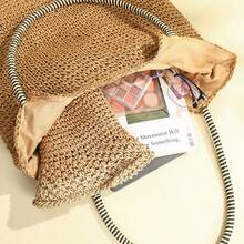 Bộ mũ và túi tote đan tay mùa hè, túi đeo vai cỡ lớn kẻ sọc, chất liệu sợi polyester (không kèm mũ), thích hợp cho mùa xuân, hè và thu. - Bộ mũ và túi xách - Xem 3