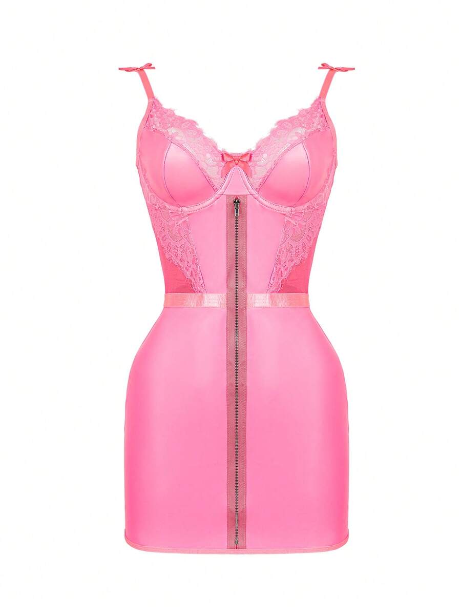 PU Leather Sexy Zipper Dress With Mesh Pants Sexy Outfit