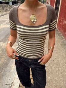 女士薄纱亮片针织长袖喇叭袖上衣，常规长度，略带弹性。适合办公室穿着，Y2K风格，夏季上衣，度假装扮。 - 棕色 - 查看 3