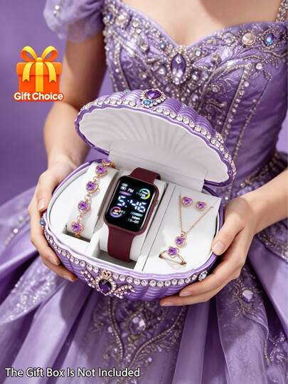 Bộ 6 chiếc đồng hồ điện tử LED kỹ thuật số thời trang thanh lịch và dễ thương dành cho nữ, kèm theo dây chuyền, vòng tay, nhẫn và bông tai pha lê duyên dáng, thích hợp để đeo hàng ngày, làm quà tặng sinh nhật/ngày lễ, tốt nghiệp, dự tiệc, trang trí du lịch, quà tặng hoàn hảo cho Ngày của Mẹ/Ngày Valentine dành cho phái đẹp (Không bao gồm hộp quà).