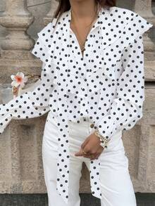 Women's Summer Polka Dot Pattern Layered Ruffle Hem Casual Shirt, Elegant For Commuting And Daily Wear White - White - View 5