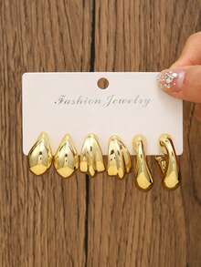 6pcs Gold Tone Earring Set, Classic Smooth Twist Hoop Earrings, Timeless Fashion Jewelry For Girls And Women, Ideal Gift For Friends, Fashionable Accessory For Work, Parties, Travel And Everyday Wear - Gold - View 3
