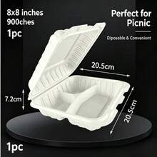 3格一次性外卖食品容器，8x8英寸，900毫升翻盖式餐盒，适用于学校午餐、办公室、野餐、露营（30/50/150个装） - 白色 - 查看 3