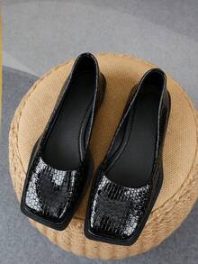 XBYASDF Giày bệt nữ màu đen bóng, chất liệu dệt, mũi vuông, kiểu dáng slip-on, đa năng, phù hợp cho việc đi làm hàng ngày, năm 2026. - màu đen - Xem 3