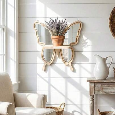 Kelebek Şeklinde Ahşap Duvar Rafı, Yaratıcı Ev Dekorasyonu, El Yapımı Ahşap ve Akrilik Aynalı Saksı Tutucu 2'si 1 Arada, Pürüzsüz ve Sağlam, Minimalist Tasarım ile Ev Atmosferini Kolayca Güzelleştirin!