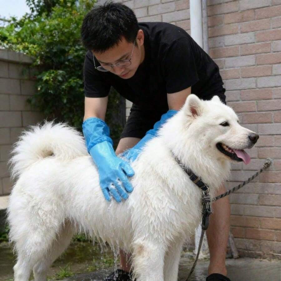 2双宠物洗澡手套，超长宠物洗毛刷，适用于贵宾犬、金毛寻回犬及其他宠物 - 藍色 - 查看 1