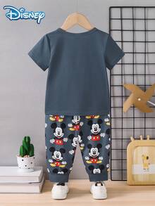 Disney 迪士尼男婴可爱卡通米奇印花休闲短袖长裤睡衣套装，儿童柔软针织睡衣 - 灰色 - 查看 3