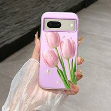 スマホケース： Pixel 8A/8 Pro/8/7a/7 Pro/7に適したTPU+PP作る2-in-1マカロンカラーのゼリーのような筋肉のタッチりのケース、高級感のあるスタイリッシュな軽量保護カバー、ピンクのチューリップ柄 - ブラック - チェックする 5