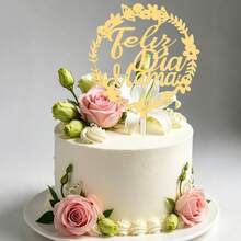 1 pièce/Ensemble de 3 pièces Ensemble de décorations de gâteau en acrylique doré "Feliz Dia Papa" et "Feliz Dia Mama" en espagnol - Fournitures pour fête de la Fête des Pères et de la Fête des Mères en Amérique latine - multicolore - Voir 4